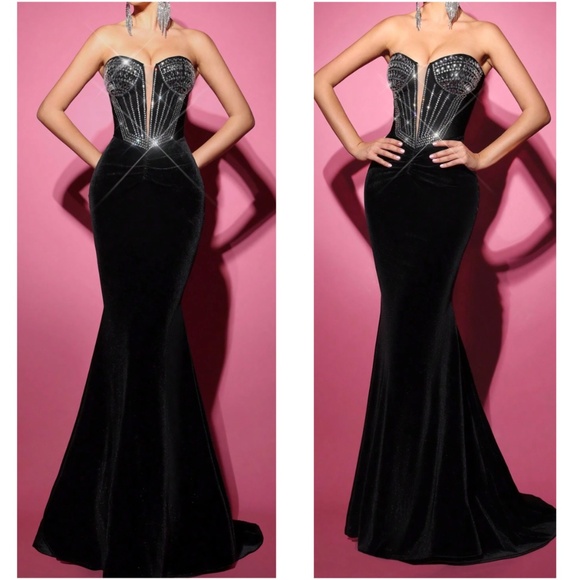 Luxe Black Velvet Strapless High Waisted Party Evening Wedding Dress - Picture 1 of 3